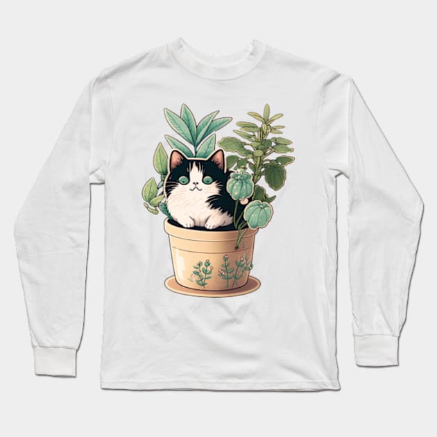 Black Cat and Plants Long Sleeve T-Shirt by larfly